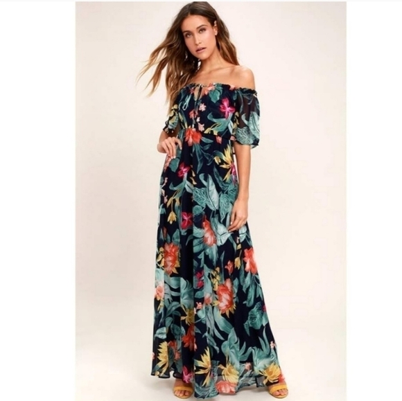 Lulus Infinite Love Floral Tropical Print Off Shoulder Ruffle Maxi Dress XS NWT - Picture 1 of 8